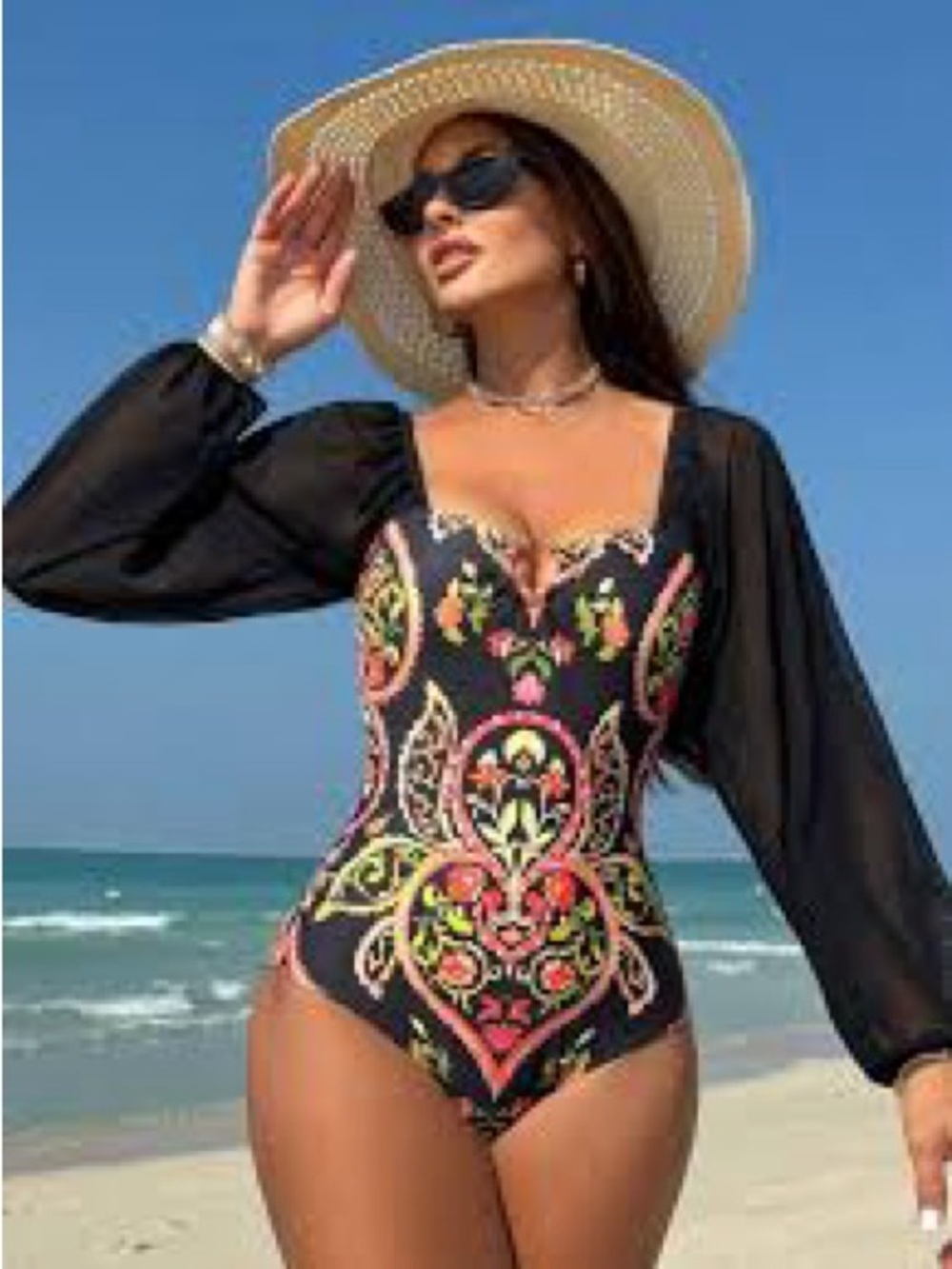 NWOT Paisley Floral Sheer Long Sleeve One-Piece Bathing Suit Swimsuit